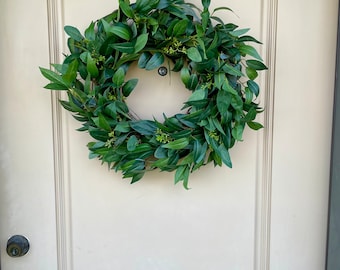 Everyday Greenery Wreath With Laurel And Eucalyptus For Front Door, Modern Farmhouse Wall Decor, All Season Housewarming Gift For Her