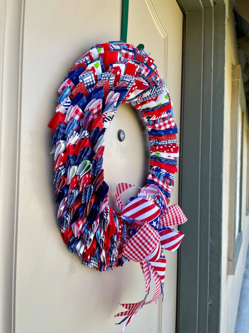 Summer Rag Wreath Patterns Patriotic Rag Wreath, Patriotic Door Decor, Red White and Blue Wall ...