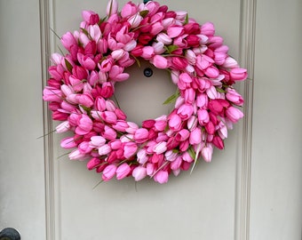 Pink Spring Tulip Wreath, Blue and Purple Tulip Wreath, Pastel Easter Wreath, Mother’s Day Wreath Gift, Spring Housewarming Gift