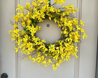 Forsythia Branch Wreath For Front Door, Modern Farmhouse Wreath, Yellow Easter Wreath, Spring And Summer Decor, Housewarming Gift