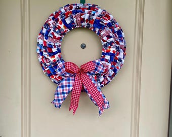 Patriotic Rag Wreath, Patriotic Door Decor, Red White And Blue Wall Wreath, Summer Rag Wreath, Patriotic Candle Ring, Memorial Day Wreath