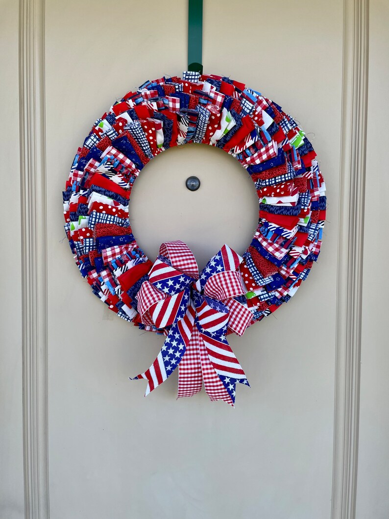 Summer Rag Wreath Patterns Patriotic Rag Wreath, Patriotic Door Decor, Red White and Blue Wall ...