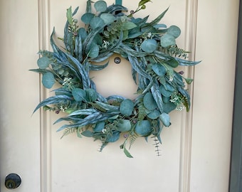 Mixed Eucalyptus Wreath, Greenery Wreath for Front Door, Artificial Eucalyptus Year Round Wreath, Housewarming Gift