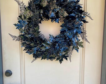 Black Maple Halloween Wreath For Front Door, Gothic Year Round Wreath, Dark Aesthetic Decor, Moody Black Foliage Wreath For Fall