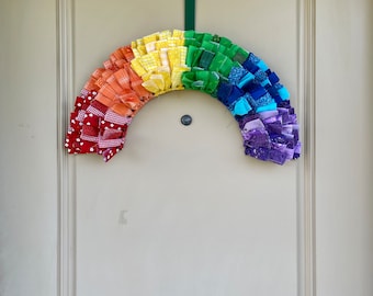 Rainbow Rag Wreath, Rainbow Door Decor, Rainbow Wall Hanging, Pride Rag Wreath