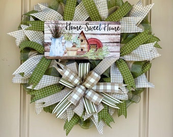 Everyday Welcome Wreath for Front Door, Neutral Year Round Door Decor, Green and Beige Wreath, Housewarming Gift