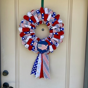 Patriotic Ribbon Wreath For Front Door, Red White And Blue Summer Decoration For Door Or Wall, Patriotic Entryway Decor, Housewarming Gift