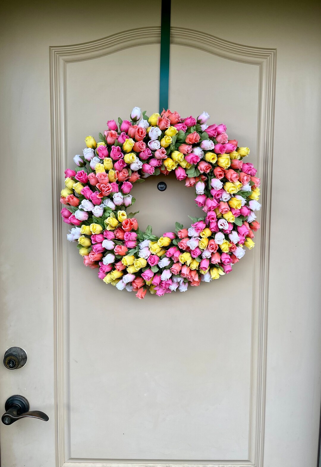 Artifical Spring Roses Artificial Spring Rose Wreath for Front Door, Pink Yellow and Coral ...