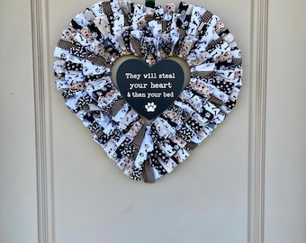 Pet Lover Heart Rag Wreath For Front Door, Dog Owner Fabric Wreath Gift, Black White Tan Beige Heart Wreath For Housewarming