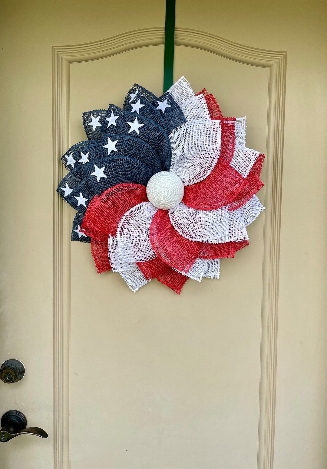 Patriotic Burlap Flower Wreath for Front Door, Red White and Blue ...
