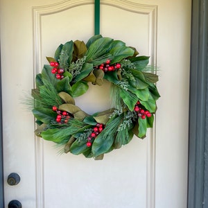 Christmas Magnolia Wreath With Pine Cedar And Red Berries, Green Holiday Front Door Wreath, Classic Christmas Wreath, Housewarming Gift