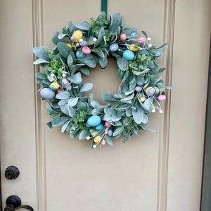 Easter Egg Wreath For Front Door, Pastel Spring Eucalyptus Lamb’s Ear Wreath With Speckled Eggs, Egg Door Decoration