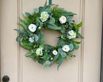 Everyday Farmhouse Wreath For Front Door, Eucalyptus And Fern Wreath With Cream Flowers, Ranunculus And Hydrangea Door Decor, Gift For Her