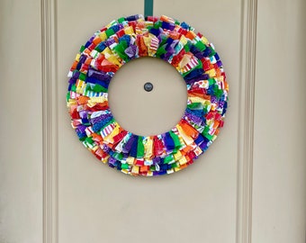 Rainbow Fabric Wreath For Front Door, Pride Rag Wreath, Birthday Party Decor Wreath, Pride Gift