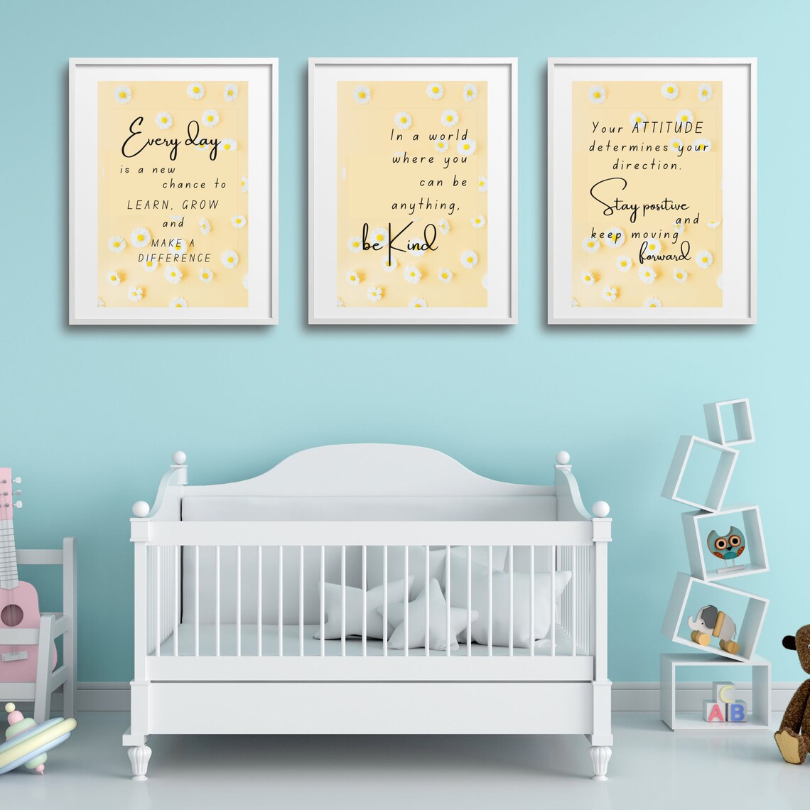 3 Piece Motivational Daisy Wall Art, Kids Room Decor, Affirmation for ...