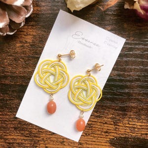 Yellow, Mizuhiki, Light weight, Cottage, Natural material, Unique gift, Hypoallergenic, Clip-on, Handmade, Personalisable, Floral