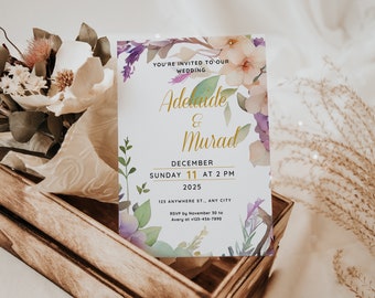Purple Floral Boho Editable Wedding Invite, Violet Lilac Peonies Printable Wedding Invitation Template, Purple Invite Instant Download