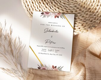 Boho Wedding Invitation Template, Burnt Orange Invitation, Terracotta invitation,Earthy Tones,Modern Invitation