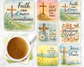 Christian Coaster Sublimation Design PNG Set Inspirational Bible Verse with Cross Faith Sayings 4 Inch Square Coaster Digital Download CO25