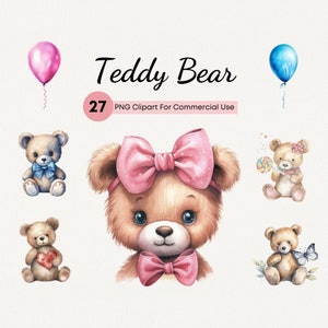 Teddy Bear PNG Clipart Set, 27 High Quality Watercolor  Cute Pastel Teddy Bear For Baby Shower, Commercial Use, Nursery Room Clip Art