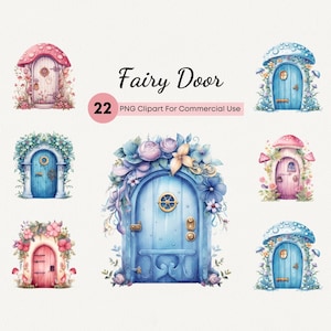 Porta delle fate ad acquerello in formato PNG, Clipart fantasy rosa e blu, Clipart di fiabe, Clipart con sfondo trasparente della foresta delle fate per uso commerciale