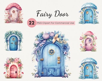 Watercolor Fairy Door PNG, Fantasy Clipart Pink & Blue, Fairytale Clip art, Fairy Forest Transparent Background Clipart For Commercial Use