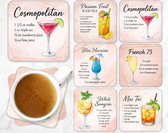 Cocktail Recipe Coaster PNG Set, Tropical Drink Sublimation Designs, Bar Decor Printable, Summer Alcohol Art, Digital Download CO47