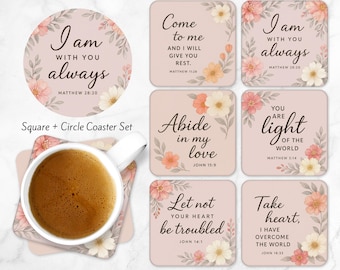 Inspirational Faith Quote Coasters Floral Bible Verse Car Coaster Sublimation Design PNG Square & Circle Christian Coaster Designs CO60