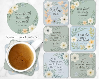 Christian coaster collection floral pastel Bible quote coasters set gift, faith inspired drink coasters Square & Circle Coaster Designs CO61