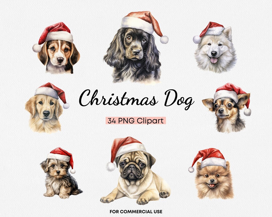 Watercolor Christmas Dog Clipart, 34 High Quality PNG, Cute Puppy ...