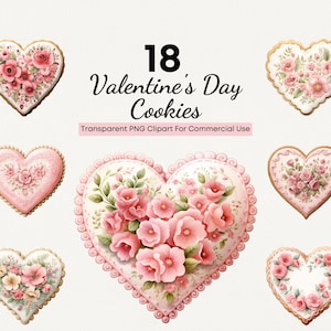 Watercolor Valentine's Day Cookies Clipart | 18 High Quality PNG, Pink Floral Valentine Cookie, Transparent Clipart For Commercial Use