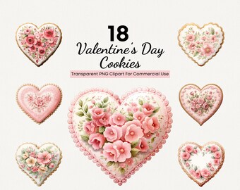 Watercolor Valentine's Day Cookies Clipart | 18 High Quality PNG, Pink Floral Valentine Cookie, Transparent Clipart For Commercial Use
