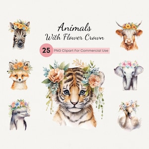 Clipart aquarel dieren met bloemenkroon | 25 hoogwaardige png-bestanden met schattige babydieren illustraties voor kinderkamer, commercieel gebruik