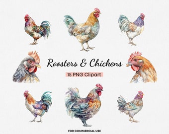 Pastel Watercolor Roosters & Chickens Clipart | 15 PNG Files For Commercial Use, Roosters Clipart, Hens clipart, Transparent Background