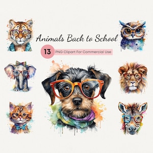 Aquarell Tier Mit Brille Clipart | 13 hochwertige PNG, süße Tiere zurück zu den Schulen Clip Art, transparente Clipart für den kommerziellen Gebrauch