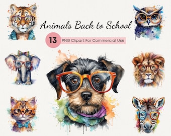 Watercolor Animal With Glasses Clipart | 13 High Quality PNG, Cute Animals Back To Schools Clip Art, Transparent Clipart For Commercial Use