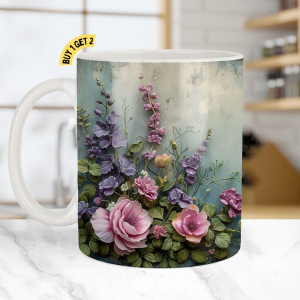 Floral Pink Blue Purple Mug Wrap PNG 15oz and 11oz Shabby Chic Cup Blue Background Mug Wrap Vintage Flower Design | Sublimation Design M41