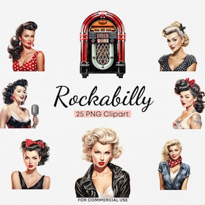 Rockabilly Girl Clipart For Commercial Use 25 PNG Retro Watercolor Vintage Womans Clip art, Milkshake Clipart, Scrapbook, Junk Journal
