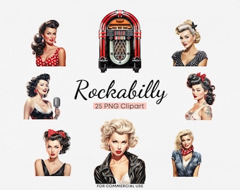Rockabilly Girl Clipart For Commercial Use 25 PNG Retro Watercolor Vintage Womans Clip art, Milkshake Clipart, Scrapbook, Junk Journal