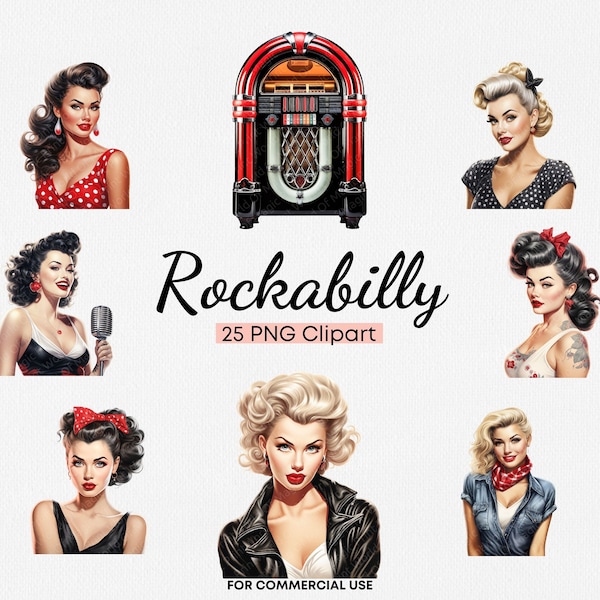 Rockabilly Girl Clipart For Commercial Use 25 PNG Retro Watercolor Vintage Womans Clip art, Milkshake Clipart, Scrapbook, Junk Journal