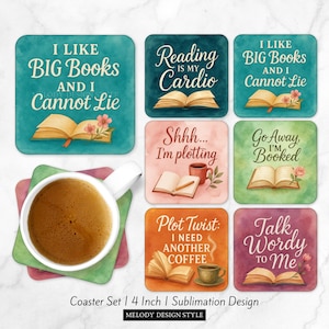Book Lover Coaster Set, Funny Coffee Coasters Sublimation Design, Reading Quotes PNG, Gift for Bookworms, Digital Download CO36