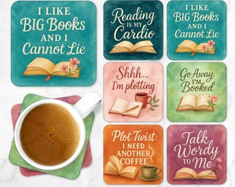 Book Lover Coaster Set, Funny Coffee Coasters Sublimation Design, Reading Quotes PNG, Gift for Bookworms, Digital Download CO36