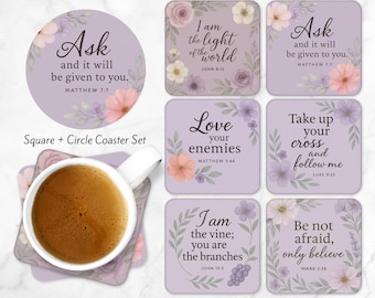 Bible Verse Coaster Set PNG Sublimation Design Inspirational Christian Coasters with Scripture Square & Circle Coaster Designs CO59
