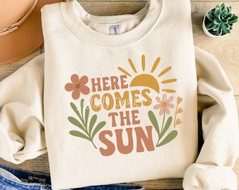 Here Comes The Sun Sublimation Design PNG Retro Sunshine Floral Graphic for Shirt, Mug, Tote Bag, Positive Summer Quote Digital Download S26