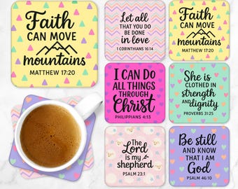 Christian Scripture Sublimation Coaster Set, Inspirational PNG Bible Verse Bundle, Pastel Faith Quotes, Digital Download CO46