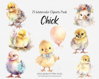 Pastel Watercolor Chick Clipart, Cute Baby Chicken, 15 PNG Files For Commercial Use Clip art Set, Spring Clipart Bundle, Instant Download