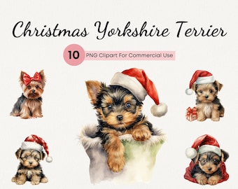 Christmas Yorkshire Terrier Dog Clipart, 10 High Quality PNG, Dog Stocking Christmas Clip art, Dog Portrait Commercial Use, Card Making