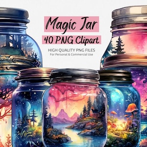May include: A set of six glass jars with lids, each containing a different whimsical scene. The jars are filled with colourful landscapes, including a forest, a starry sky, a mountain range, and a mushroom forest. The jars are labelled "Magic Jar 40 PNG Clipart".
