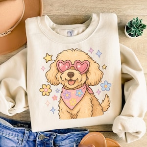 Cute Doodle Dog PNG, Kawaii Puppy with Heart Glasses, Pink Bandana Sublimation Design, Cute Pet Digital Illustration Digital Download S128