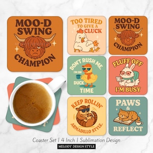 Funny Animal Coaster PNG Bundle Sublimation Designs, Sassy Farm Animal Quotes Humorous 4 Inch Square Coaster Designs | Digital Download CO24